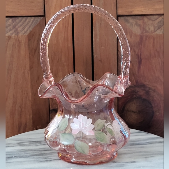 Fenton Painted Pink Glass Basket - Picture 3 of 14
